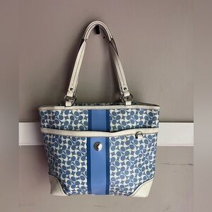 Coach Sky Blue Signature Canvas Tote with Leather Trim